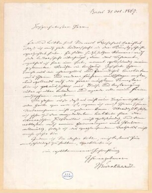 Jacob Burckhardt (1818 - 1897) Autographen: Briefe von Jacob Burckhardt an verschiedene Adressaten - BSB Autogr.Cim. Burckhardt, Jakob, 1. Jacob Burckhardt (1818 - 1897) Autographen: Brief von Jacob Burckhardt an Julius Meyer - BSB Autogr.Cim. Burckhardt, Jakob.1