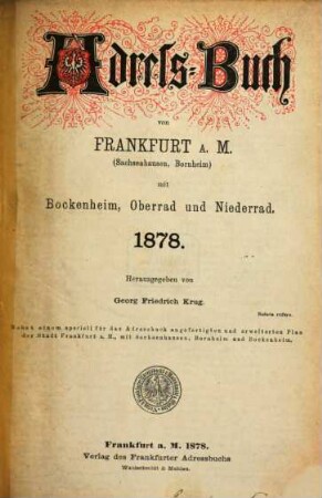 Adressbuch von Frankfurt am Main mit Bockenheim, Bornheim, Oberrad und Niederrad, 1878