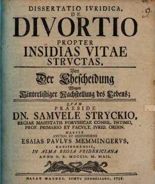 Disp. iur. de divortio propter insidias vitae structas