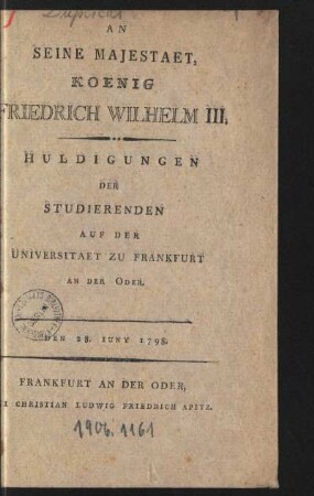 An Seine Majestaet Koenig Friedrich Wilhelm III.