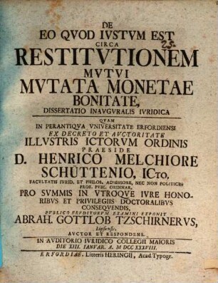 De eo quod iustum est circa restitutionem mutui mutata monetae bonitate, diss. inaug. iur.