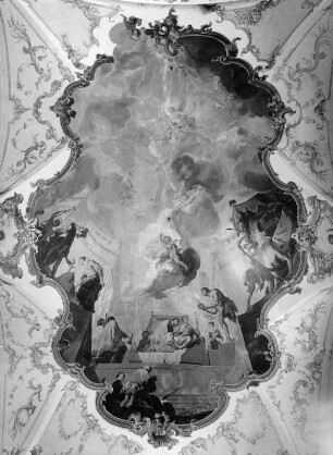 Verherrlichung des Benediktinerordens, Jüngstes Gericht und Sankt Benedikts Glorie im Himmel, die Gründer der Abtei Amorbach und Zeitgenossen : Verherrlichung des Benediktinerordens, Jüngstes Gericht und Sankt Benedikts Glorie im Himmel, die Gründer der Abtei Amorbach und Zeitgenossen. Fresko (1745/1747; M. Günther). Amorbach (Kreis Miltenberg), Ehemalige Abteikirche Sankt Maria (Pfarrkirche)