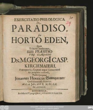 Exercitatio Philologica De Paradiso, seu Horto Eden