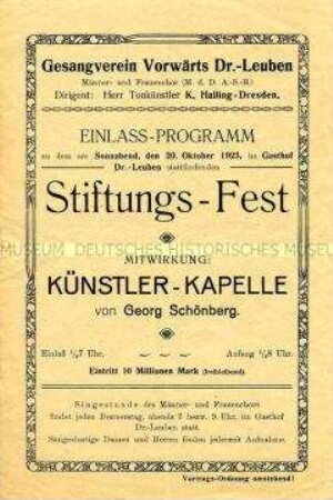 Einlassprogramm zum Stiftungsfest des Gesangvereins Vorwärts Dresden-Leuben