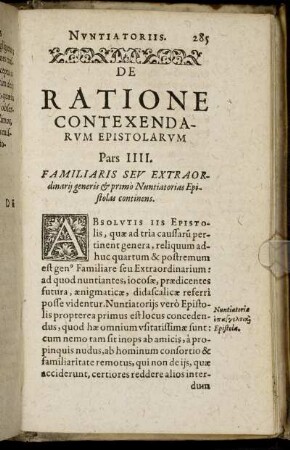 Pars IV. Familiaris Seu Extraordinariis generis & primo Nuntiatorias Epistolas continens