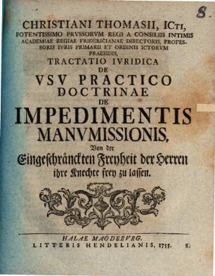 Diss. inaug. de usu practico doctrinae de impedimentis manumissionis
