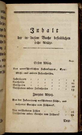 Inhalt der in diesem Buche befindlichen sechs Absätze.