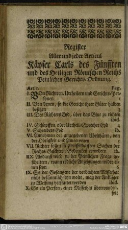 Register aller und jeder Articul Kaiser Carls des Fünfften und des Heiligen Römischen Reichs Peinliche Gerichtsordnung