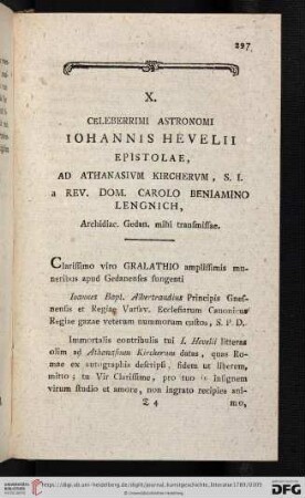 X. Celeberrimi Astronomi Iohannis Hevelii Epistolae, ad athanasium kircherum, S. I. a Rev. Dom. Carolo Baniamino Lengnich, Archidiac. Gedan. mihi transmissae