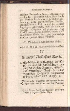 IV. Erzbischof Christoffers Recesse