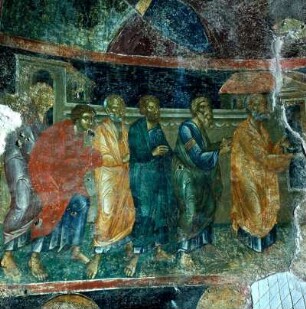 Kloster Valsamonero, Kirche Agios Fanourios, Inneres, Apsis des Südschiffs, Fresko, Einsetzung der Eucharistie, Apostelgruppe