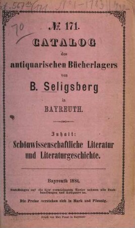 Antiquariats-Katalog. 171. 1881