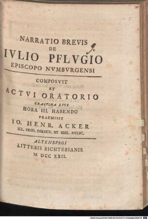 Narratio Brevis De Ivlio Pflvgio Episcopo Nvmbvrgensi