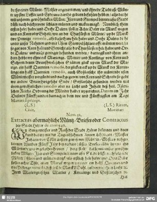 Num. 32. Extractus abermahliche Müntz-Briefes oder Contactus der Stadt Höxar de anno 546