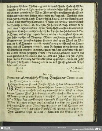 Num. 32. Extractus abermahliche Müntz-Briefes oder Contactus der Stadt Höxar de anno 546