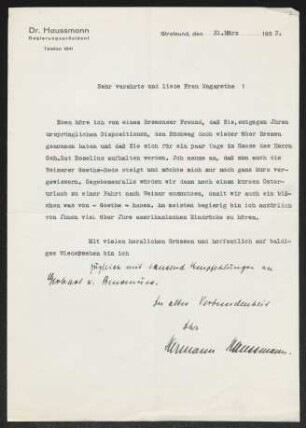 Brief von Hermann Haussmann an Margarete Hauptmann