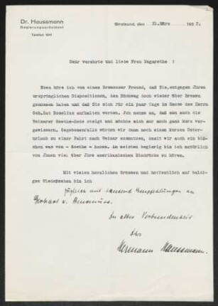 Brief von Hermann Haussmann an Margarete Hauptmann