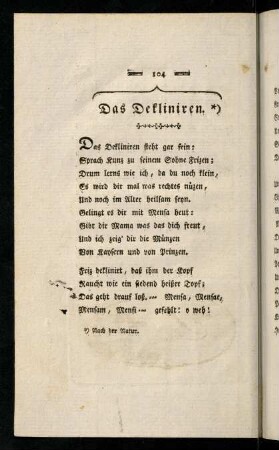 104-114, Das Dekliniren. - Der Kukuk, die Nachtigall, und die Kenner.