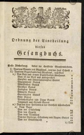 Ordnung der Eintheilung dieses Gesangbuchs.