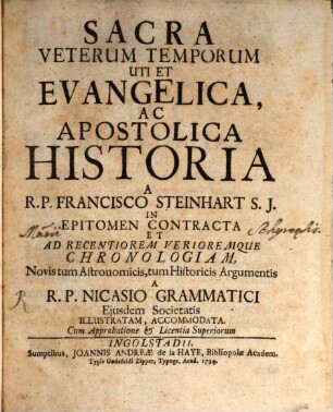 Sacra Veterum Temporum Uti Et Evangelica, Ac Apostolica Historia