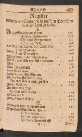 Register Aller deren Sachen/ so in hiesigen Poetischen Glücks-Topff zu finden.