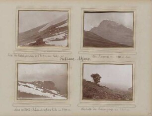 links oben: Ende des Ratzelgletschers in 5350 m am Kibo rechts oben: Der Mawensi von 4800 m aus am Kilima-Ndjaro links unten: Nievepenitente (Büßerschnee) am Kibo in 5400 m rechts unten: oberhalb der Baumgrenze in 3200 m am Kilima-Ndjaro