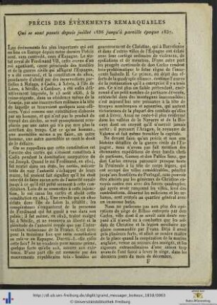 Précis des événements remarquables qui se sont passés depuis juillet 1836 jusqu'à pareille époque 1837.