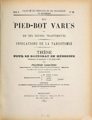 Du pied-bot varus et de ses divers traitements : Indications de la tarsotomie. Thèse ...