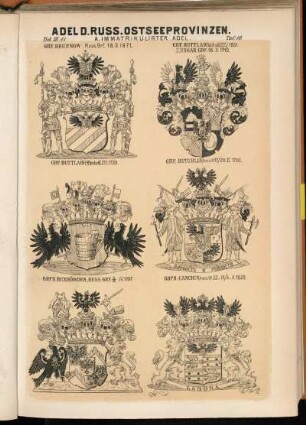 Taf. 10. Grf. Brunnow Russ. Grf. 18.3.1871. - Grf. Buttlar Reichs-Gf. 27.2.1651. Kungar. Grf. 18.3.1710. - Grf. Buttlar (†) Reichs-Gf. 21.1.1726. - Grf. Buturlin, Russ. Gf. 17/28 II.1760. - Grfn. Buxhöwden, Russ. Grf. 5/16 IV.1797. - Grfn. Cancrin, Russ. Gf. 22.IX/4.X.1829