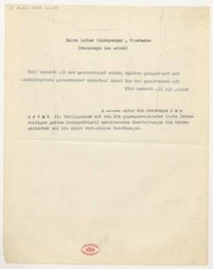 mutmaßlich Ergänzung zu einem Verlagsvertrag betreffend "Bearbeitungen für Salonorchester und die damit verbundenen Besetzungen"