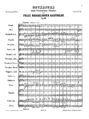 Felix Mendelssohn-Bartholdys Werke, 2,11. Nr. 11, Ouverture zum Oratorium Paulus : op. 36 in A. - 26 S. - Pl.-Nr. M.B.11