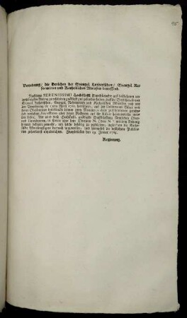 Verordnung, die Darlehen der Evangel. Lutherischen, Evangel. Reformirten und Katholischen Allmoßen betreffend : Zweybrücken den 19. Jenner 1765.