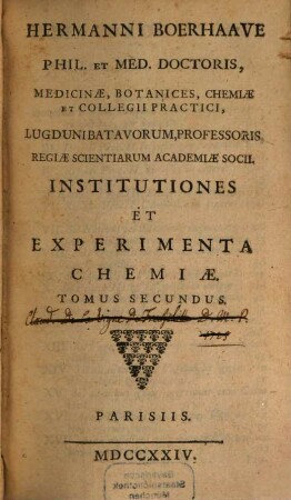 Institutiones et experimenta Chemiae. 2