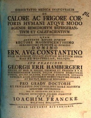 Diss. med. inaug. de calore ac frigore corporis humani atque modo agendi remediorum refrigerantium et calefacientium