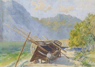 Eine Bootswerft bei Torbole am Garda-See, 1900