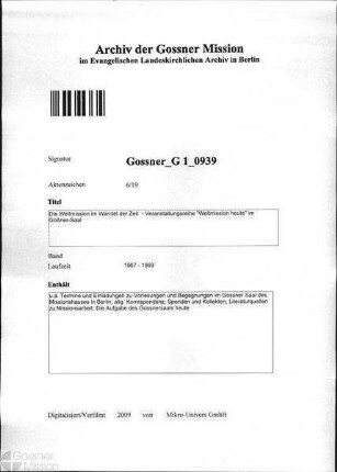 Die Weltmission im Wandel der Zeit - Veranstaltungsreihe "Weltmission heute" im Goßner-Saal