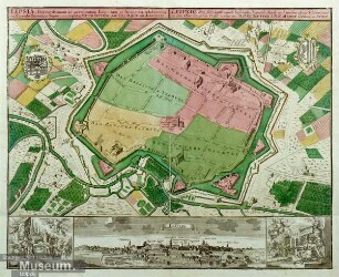 LIPSIA, Florentißimum ac Permunitum Emporium et Academia celeberrima in Circulo Saxonico Superiore. subtibus MATTH. SEUTTERI. SAC. CAES. MAJ. GEOGR. AUGUSTIANI.; LEIPZIG, eine florisante, auch befestigte Handels=Stadt und weitberühmte Universitaet in dem Ober=Saexsischen Graiß. verlegt von MATTH. SEUTTER. I. R. K. MAJEST. GEOGR. in AUGSP.