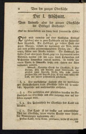Der I. Abschnitt. Vom Universo oder der ganzen Oberfläche der Erdkugel überhaupt.