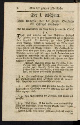 Der I. Abschnitt. Vom Universo oder der ganzen Oberfläche der Erdkugel überhaupt.
