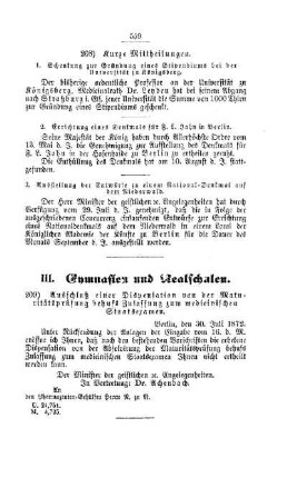 Ausschluß einer Dispensation von der Maturitätsprüfung behufs Zulassung zum medicinischen Staatsexamen : [III. Gymnasien und Realschulen]