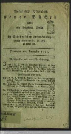 1811,Nov./Dez.: Monatliches Verzeichniß neuer Bücher, welche um beygesetzte Preiße in der Waltherschen Hofbuchhandlung zu haben sind