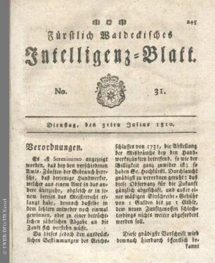 No. 31, Dienstag, den 31ten Julius 1810