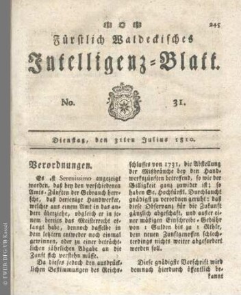 No. 31, Dienstag, den 31ten Julius 1810
