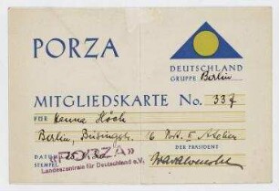 PORZA Deutschland Gruppe Berlin Mitgliedskarte No. 337 für Hannah Höch