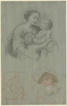 Studienblatt mit einer Madonna mit dem Kind und dem Johannesknaben, dazu ein bärtiger Mann mit Mütze