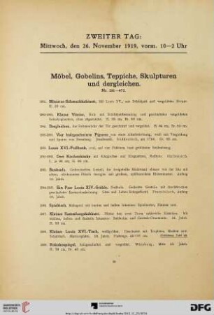 Möbel, Gobelins, Teppiche, Skulpturen und dergleichen (Nr. 281-472)