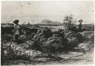 Richter, Adrian Ludwig (1803-1884). Jäger im Felde. Feder, Tusche, 1866