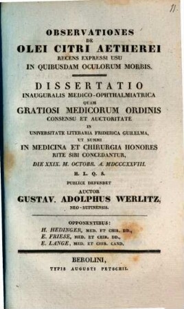 Observationes de olei citri aetherei recens expressi usu in quibusdam oculorum morbis : diss. inaug. med. ophthalmiatrica