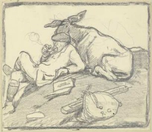 Ein Pfeife rauchender Mann auf einem Hügel rastend, angelehnt an einen Esel