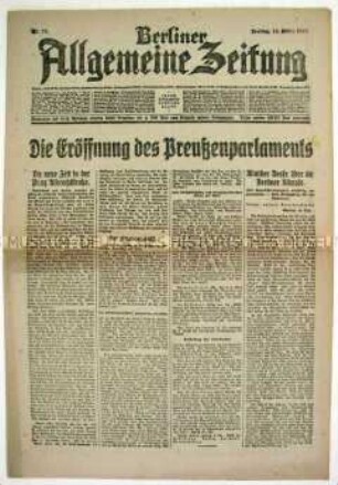 Tageszeitung "Berliner Allgemeine Zeitung" zur Eröffnung des Parlaments in Preußen